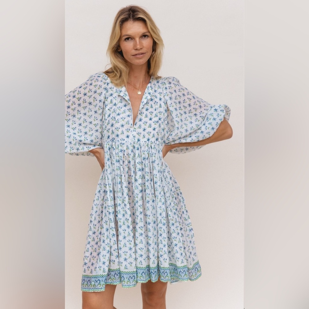 Daughters of India White Mini Dress with Blue & Green Floral Print